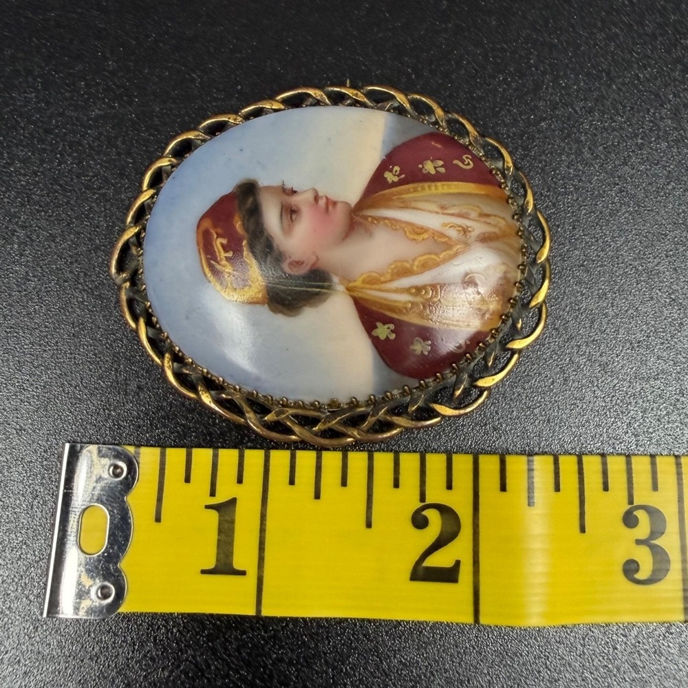 Antique Hand Painted Porcelain Portrait Brooch Woman Greek Ottoman Costume - Picture 10 of 11